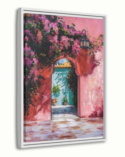 Moroccan Archway Painting Canvas Framed Canvas, Marrakech Doorway Wall Art Print, Bougainvillea Courtyard Decor For Living Room Entryway