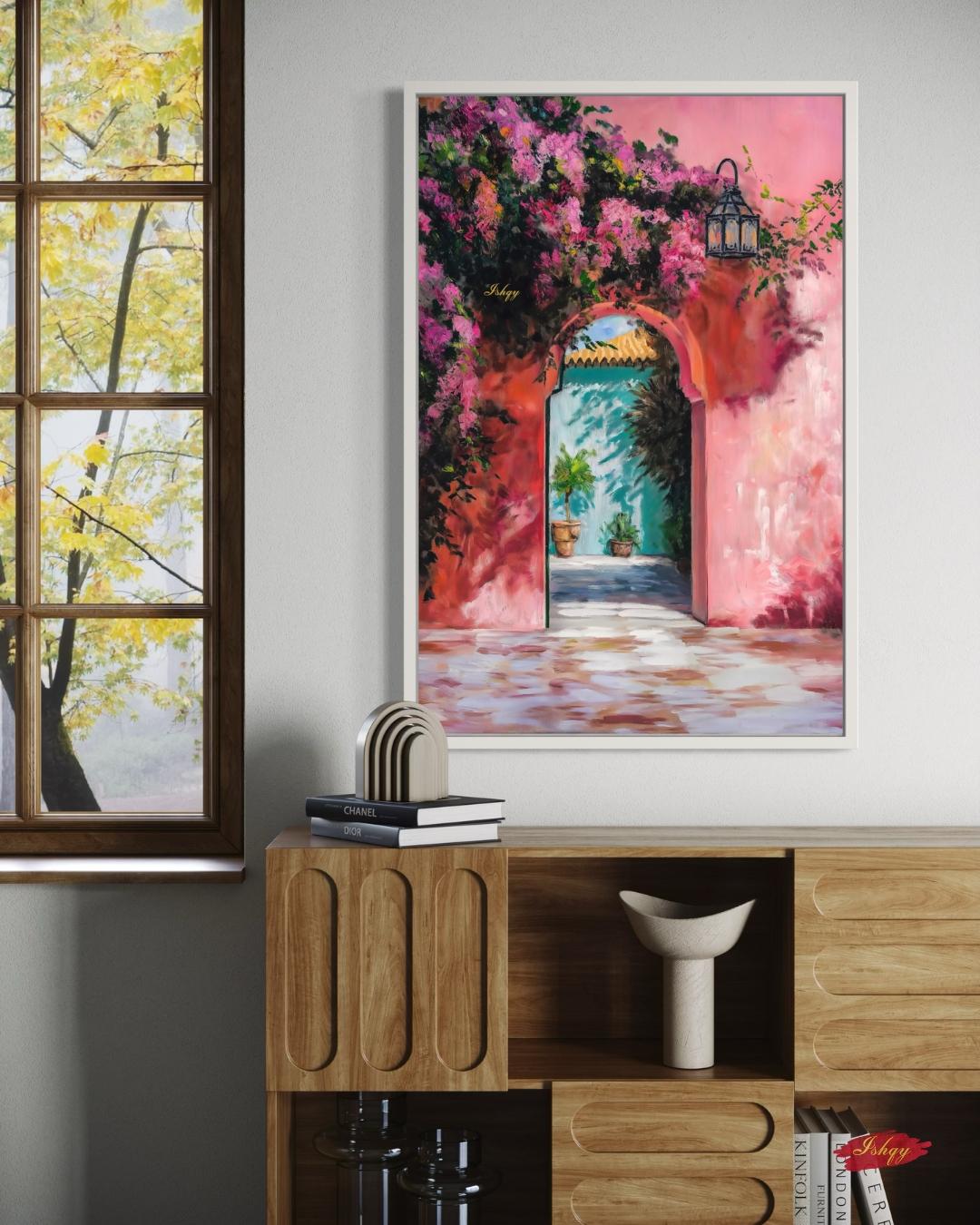 Moroccan Archway Painting Canvas Framed Canvas, Marrakech Doorway Wall Art Print, Bougainvillea Courtyard Decor For Living Room Entryway