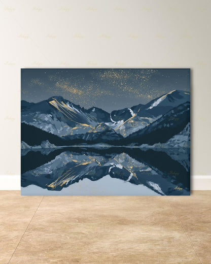 Oversized Colorado Canvas Wall Art, Rocky Mountain Framed Canvas Print, Extra Large Navy Gold Starry Lake Reflection, Above Fireplace Decor