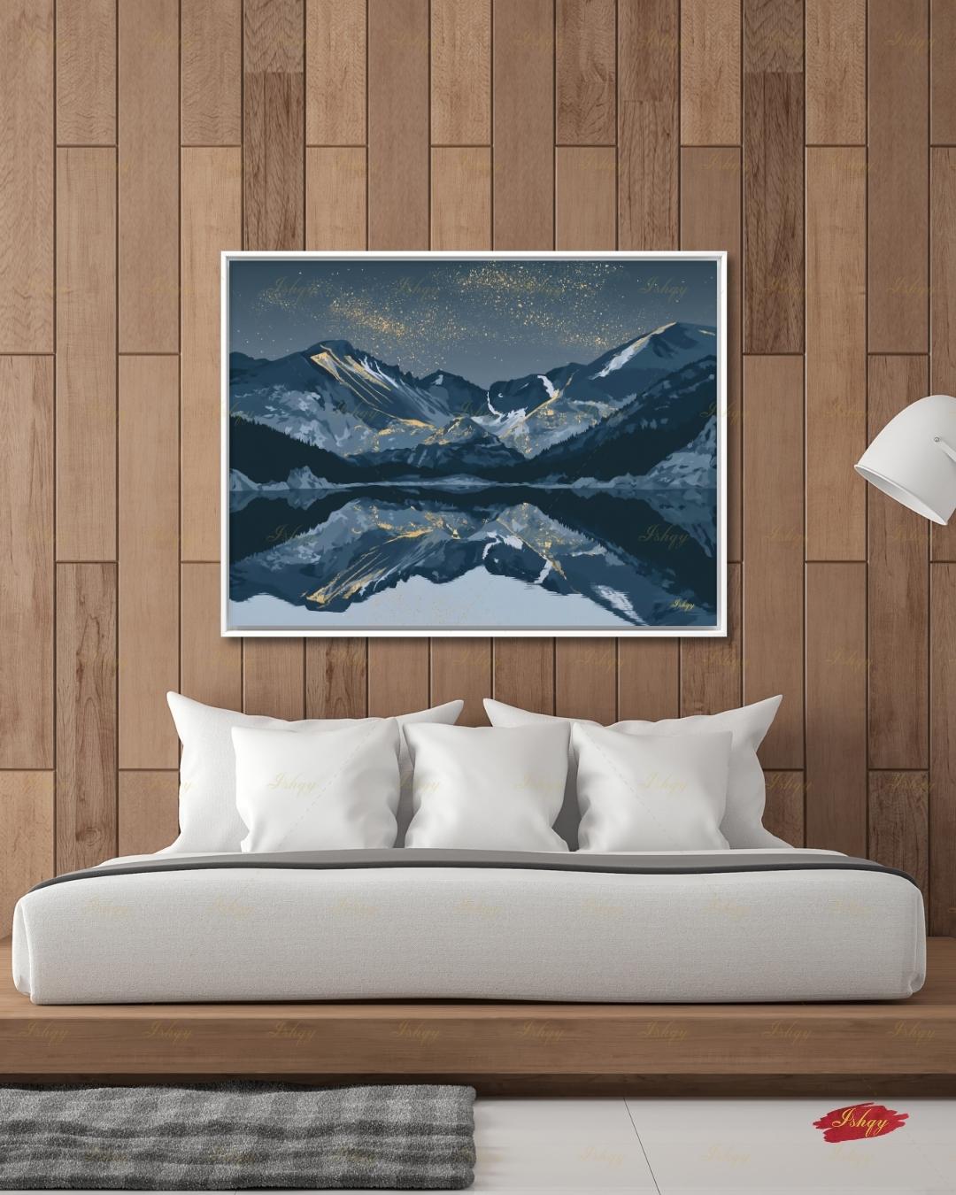 Oversized Colorado Canvas Wall Art, Rocky Mountain Framed Canvas Print, Extra Large Navy Gold Starry Lake Reflection, Above Fireplace Decor