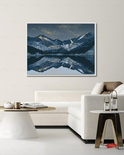 Oversized Colorado Canvas Wall Art, Rocky Mountain Framed Canvas Print, Extra Large Navy Gold Starry Lake Reflection, Above Fireplace Decor