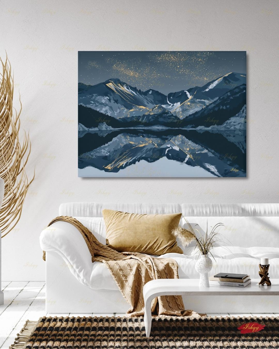 Oversized Colorado Canvas Wall Art, Rocky Mountain Framed Canvas Print, Extra Large Navy Gold Starry Lake Reflection, Above Fireplace Decor