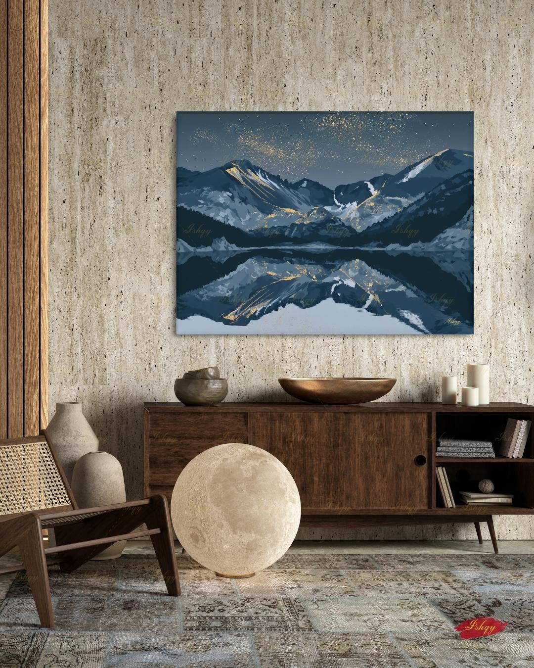 Oversized Colorado Canvas Wall Art, Rocky Mountain Framed Canvas Print, Extra Large Navy Gold Starry Lake Reflection, Above Fireplace Decor