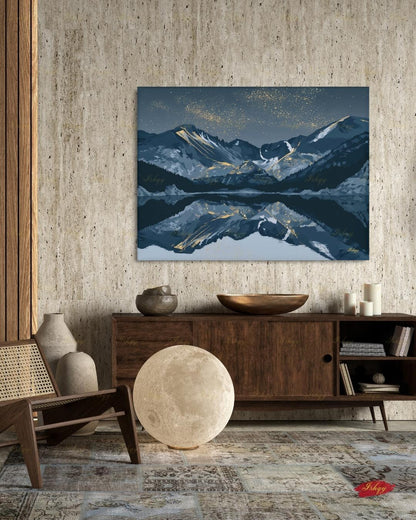 Oversized Colorado Canvas Wall Art, Rocky Mountain Framed Canvas Print, Extra Large Navy Gold Starry Lake Reflection, Above Fireplace Decor