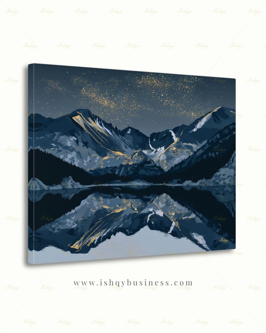 Oversized Colorado Canvas Wall Art, Rocky Mountain Framed Canvas Print, Extra Large Navy Gold Starry Lake Reflection, Above Fireplace Decor