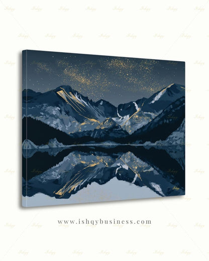 Oversized Colorado Canvas Wall Art, Rocky Mountain Framed Canvas Print, Extra Large Navy Gold Starry Lake Reflection, Above Fireplace Decor