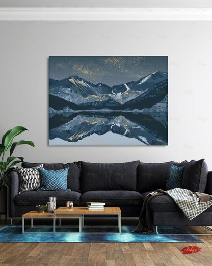 Oversized Colorado Canvas Wall Art, Rocky Mountain Framed Canvas Print, Extra Large Navy Gold Starry Lake Reflection, Above Fireplace Decor