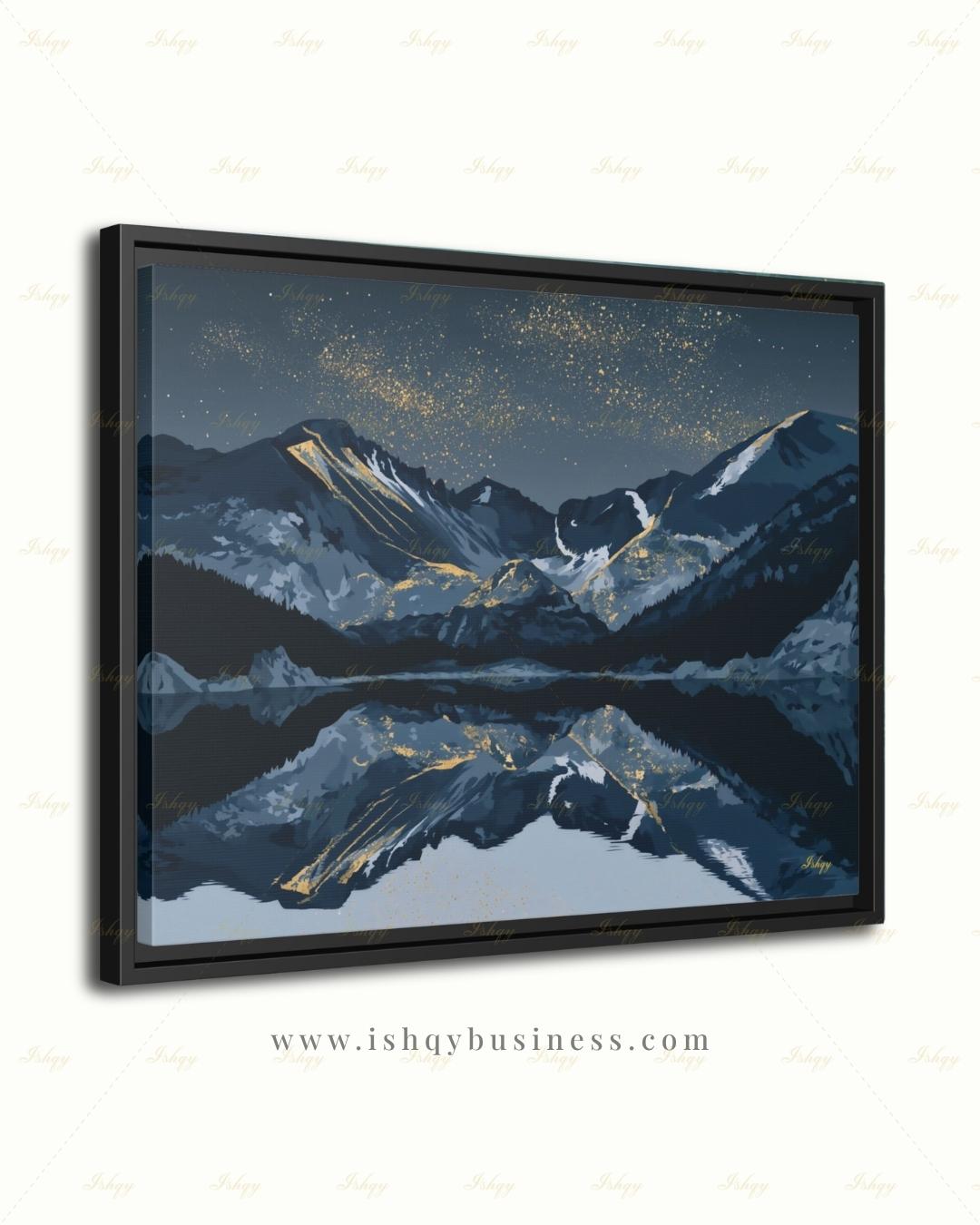 Oversized Colorado Canvas Wall Art, Rocky Mountain Framed Canvas Print, Extra Large Navy Gold Starry Lake Reflection, Above Fireplace Decor