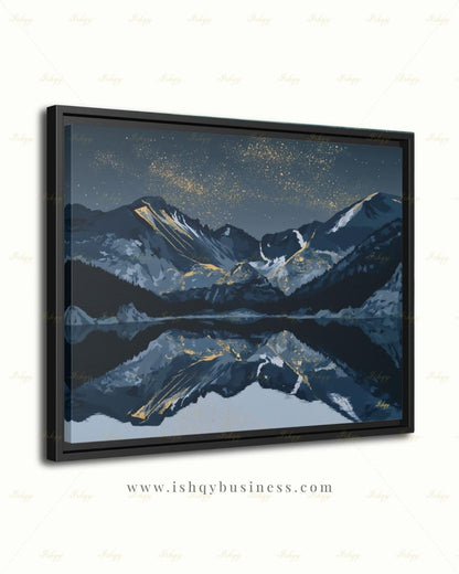 Oversized Colorado Canvas Wall Art, Rocky Mountain Framed Canvas Print, Extra Large Navy Gold Starry Lake Reflection, Above Fireplace Decor