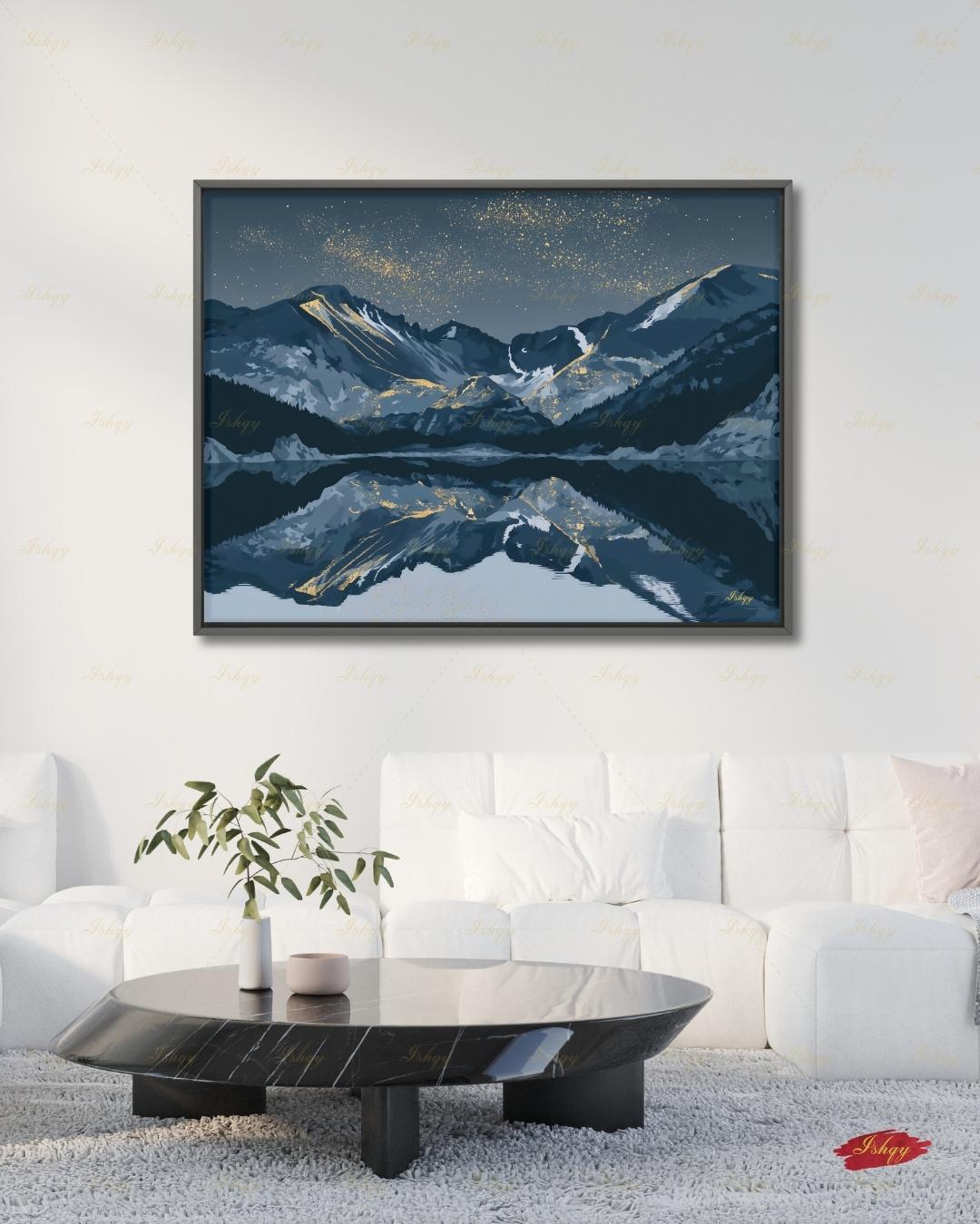 Oversized Colorado Canvas Wall Art, Rocky Mountain Framed Canvas Print, Extra Large Navy Gold Starry Lake Reflection, Above Fireplace Decor