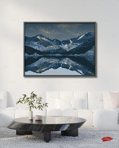 Oversized Colorado Canvas Wall Art, Rocky Mountain Framed Canvas Print, Extra Large Navy Gold Starry Lake Reflection, Above Fireplace Decor