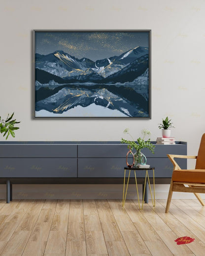 Oversized Colorado Canvas Wall Art, Rocky Mountain Framed Canvas Print, Extra Large Navy Gold Starry Lake Reflection, Above Fireplace Decor