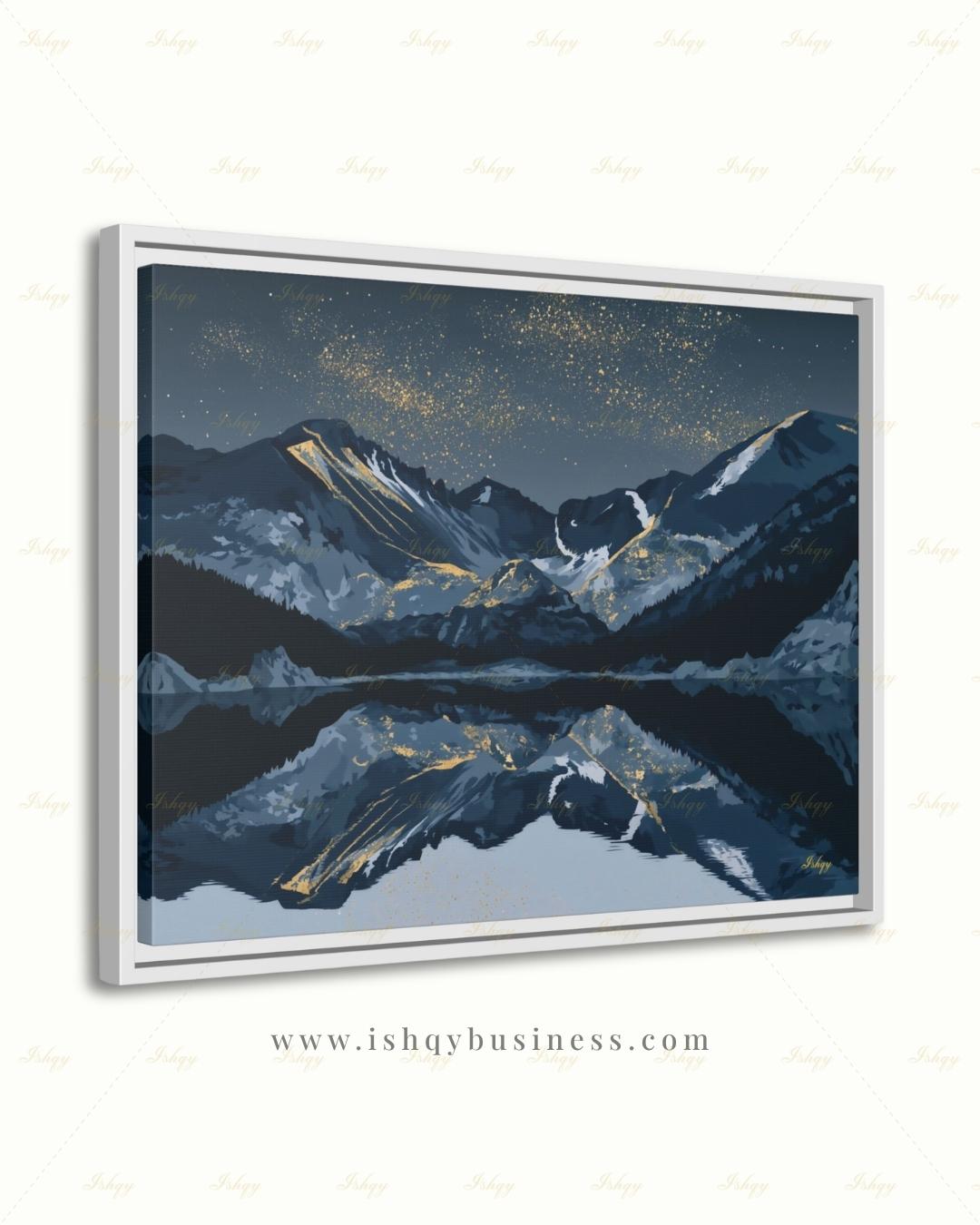 Oversized Colorado Canvas Wall Art, Rocky Mountain Framed Canvas Print, Extra Large Navy Gold Starry Lake Reflection, Above Fireplace Decor