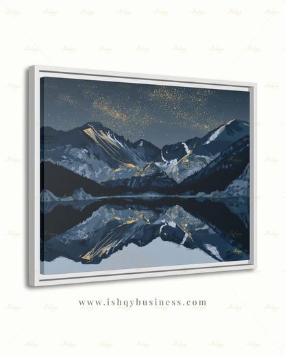 Oversized Colorado Canvas Wall Art, Rocky Mountain Framed Canvas Print, Extra Large Navy Gold Starry Lake Reflection, Above Fireplace Decor
