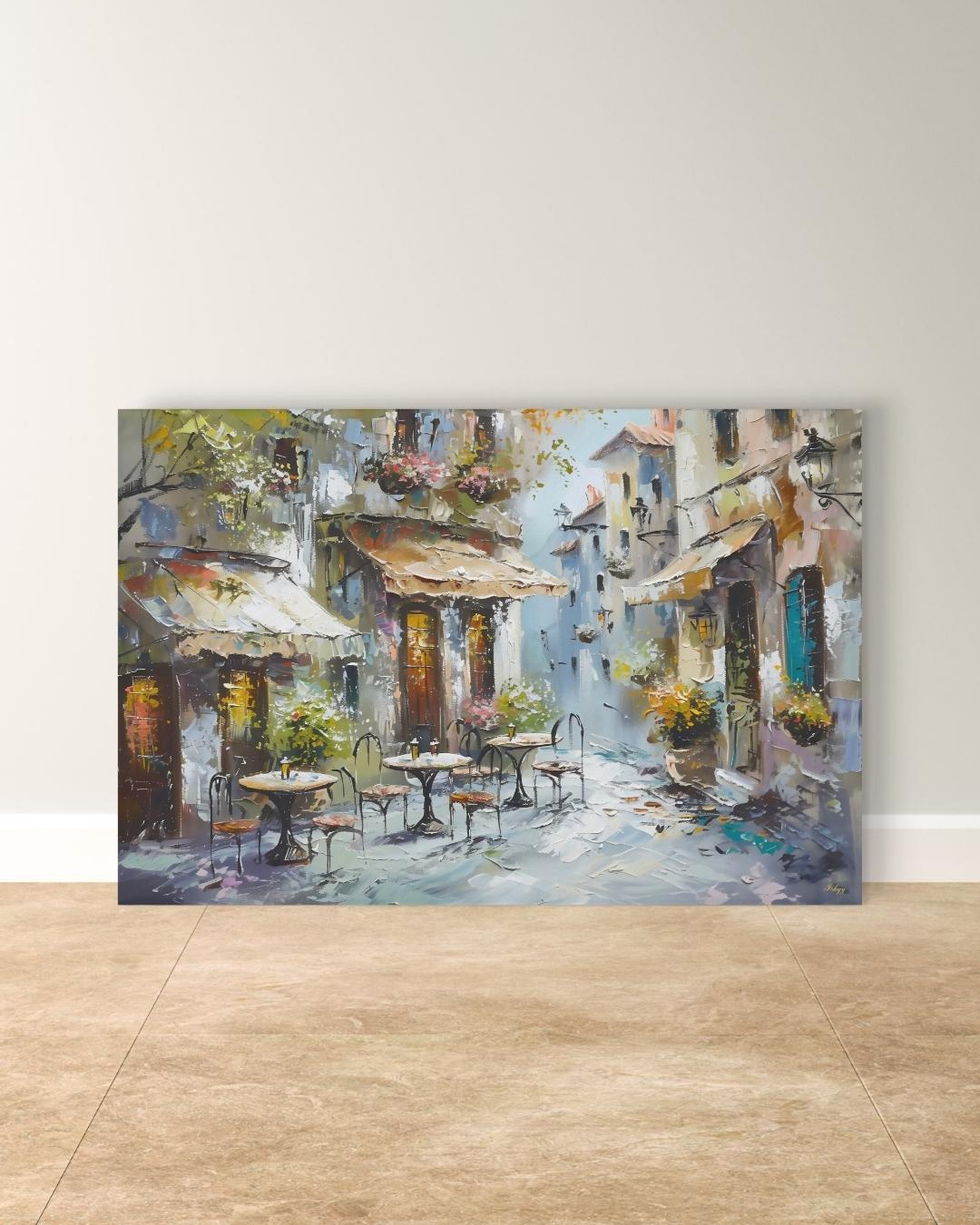 Mediterranean Street Café Painting, European Village Wall Art, Rustic Coastal Town Canvas for Kitchen, Dining Room, or Home Decor