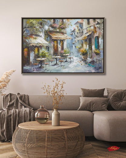Mediterranean Street Café Painting, European Village Wall Art, Rustic Coastal Town Canvas for Kitchen, Dining Room, or Home Decor