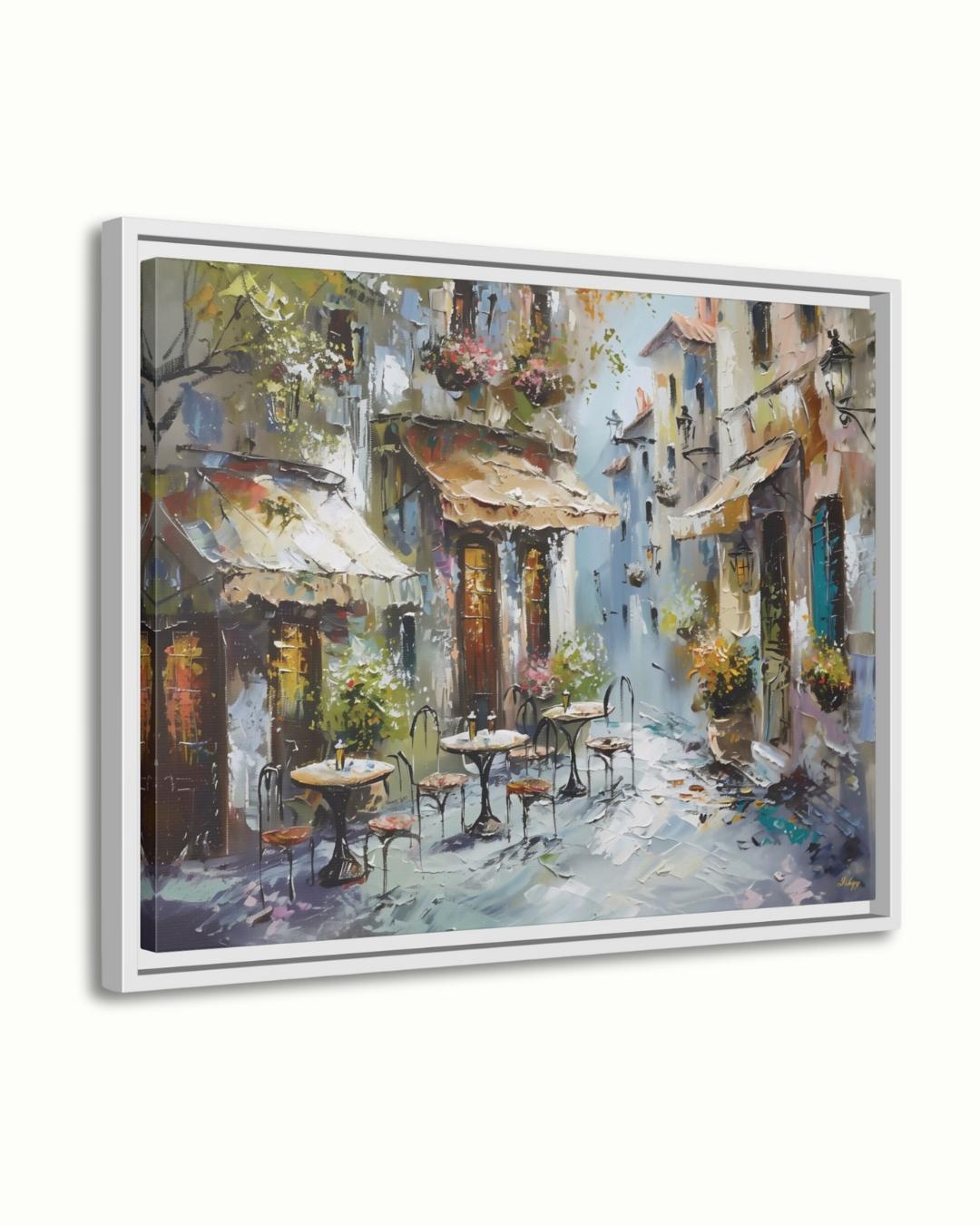 Mediterranean Street Café Painting, European Village Wall Art, Rustic Coastal Town Canvas for Kitchen, Dining Room, or Home Decor