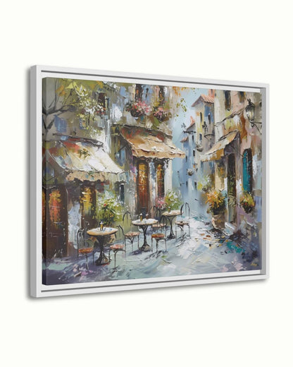 Mediterranean Street Café Painting, European Village Wall Art, Rustic Coastal Town Canvas for Kitchen, Dining Room, or Home Decor