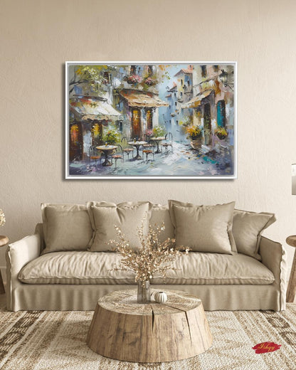 Mediterranean Street Café Painting, European Village Wall Art, Rustic Coastal Town Canvas for Kitchen, Dining Room, or Home Decor