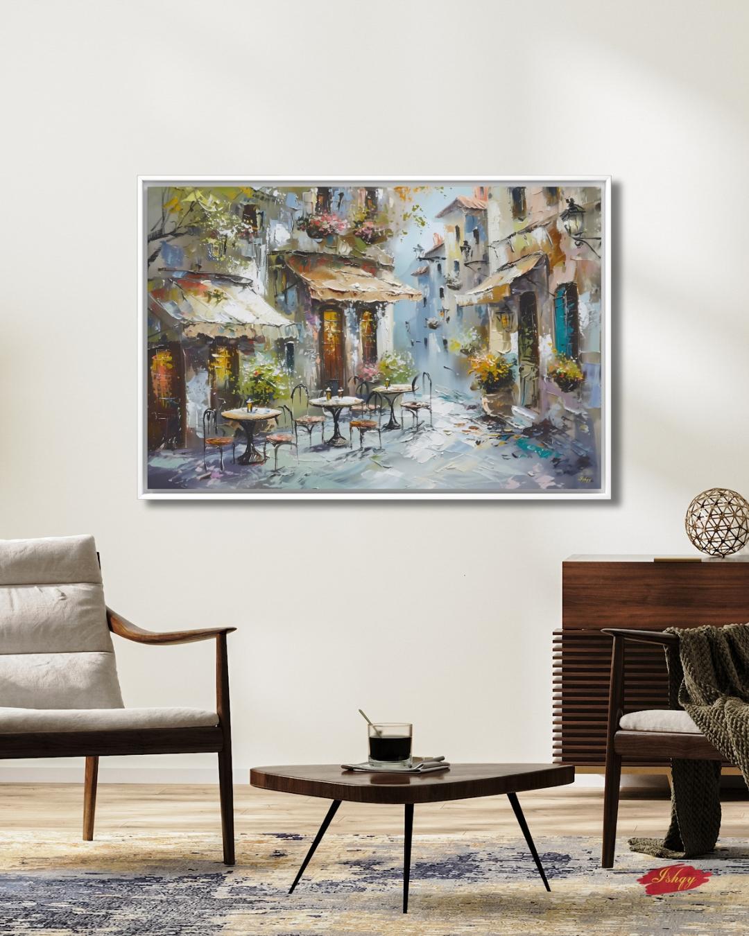 Mediterranean Street Café Painting, European Village Wall Art, Rustic Coastal Town Canvas for Kitchen, Dining Room, or Home Decor