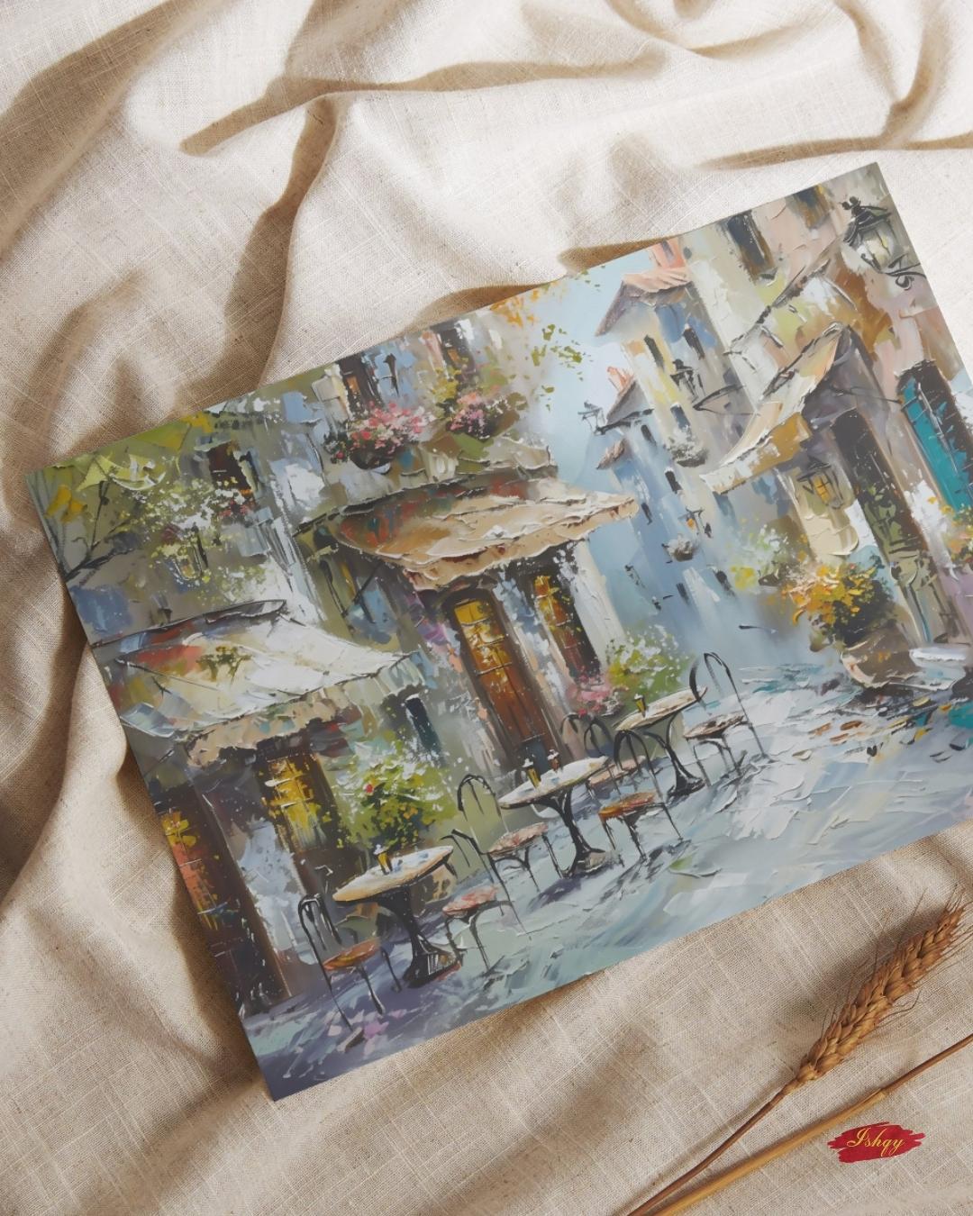 Mediterranean Street Café Painting, European Village Wall Art, Rustic Coastal Town Canvas for Kitchen, Dining Room, or Home Decor