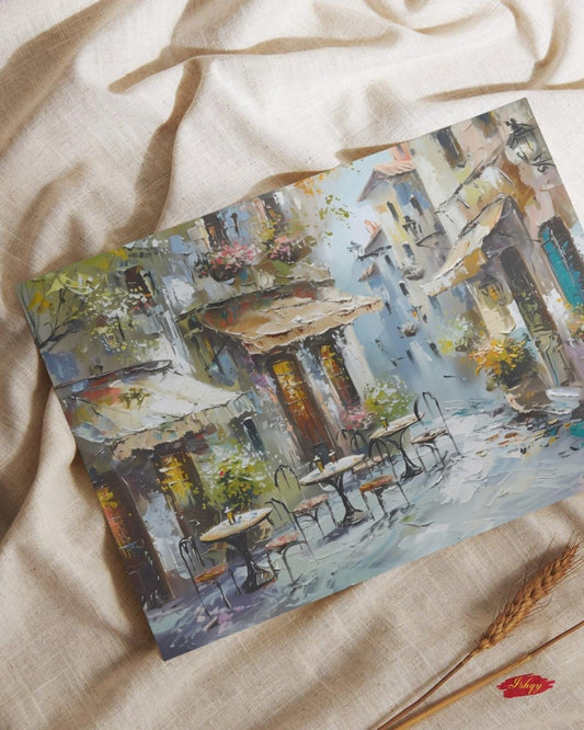 Mediterranean Street Café Painting, European Village Wall Art, Rustic Coastal Town Canvas for Kitchen, Dining Room, or Home Decor