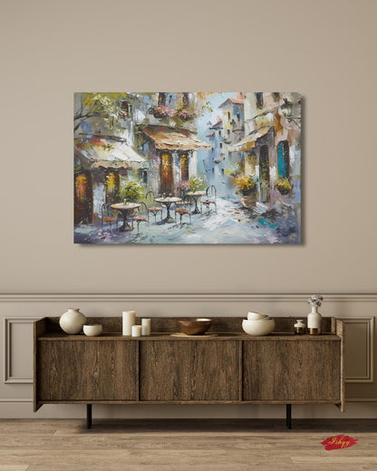 Mediterranean Street Café Painting, European Village Wall Art, Rustic Coastal Town Canvas for Kitchen, Dining Room, or Home Decor