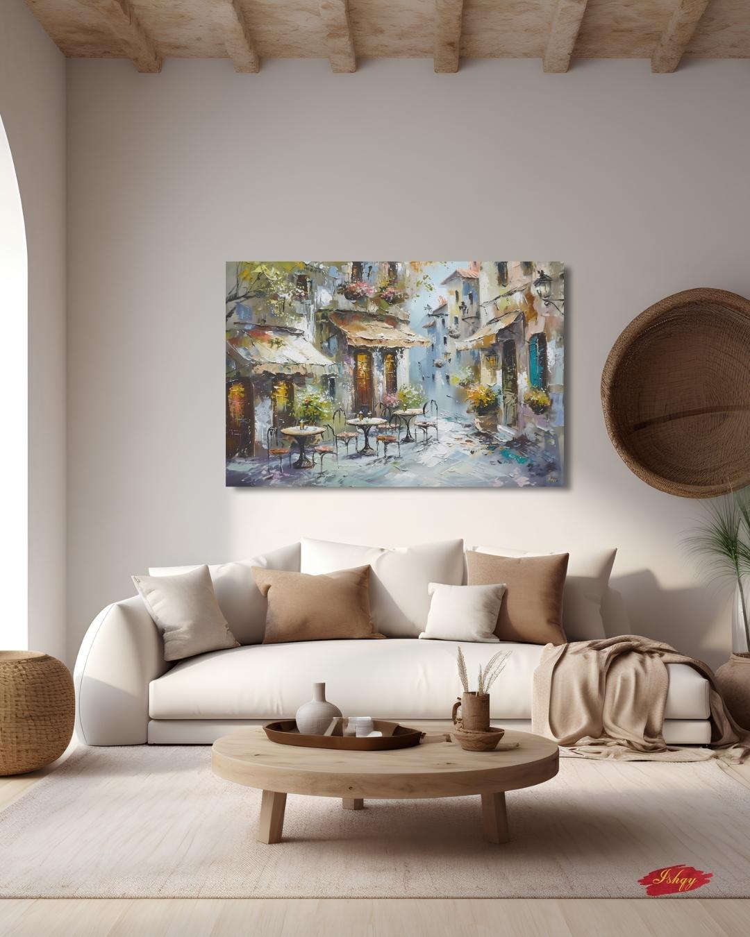 Mediterranean Street Café Painting, European Village Wall Art, Rustic Coastal Town Canvas for Kitchen, Dining Room, or Home Decor