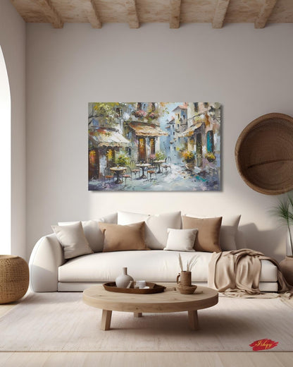 Mediterranean Street Café Painting, European Village Wall Art, Rustic Coastal Town Canvas for Kitchen, Dining Room, or Home Decor