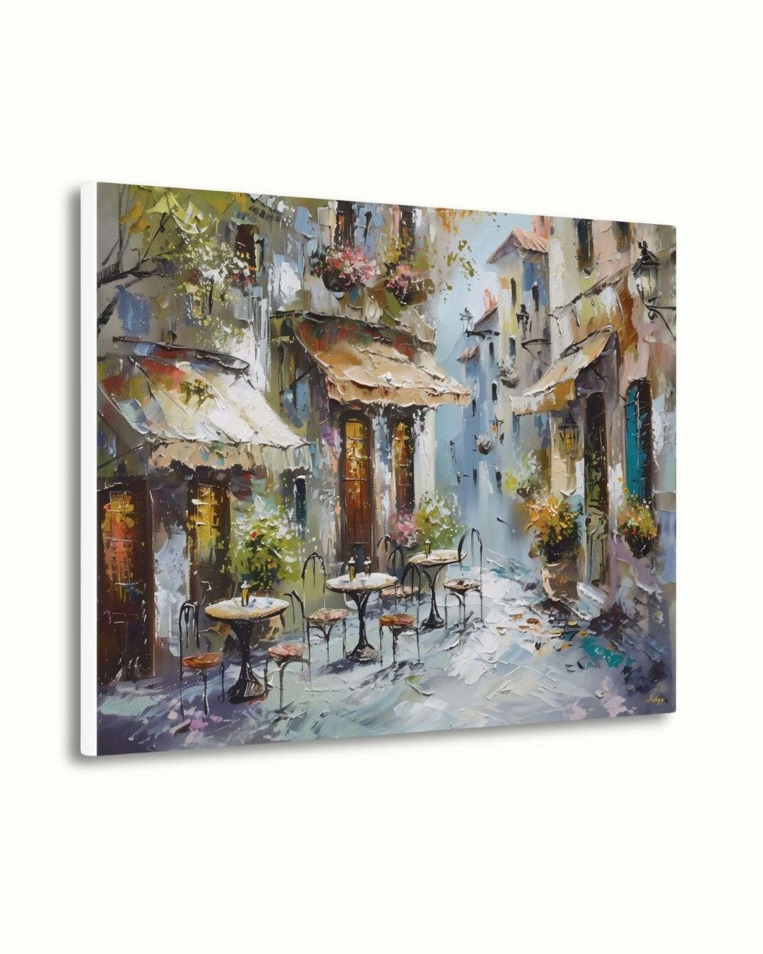 Mediterranean Street Café Painting, European Village Wall Art, Rustic Coastal Town Canvas for Kitchen, Dining Room, or Home Decor
