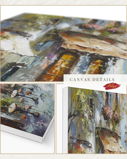 Mediterranean Street Café Painting, European Village Wall Art, Rustic Coastal Town Canvas for Kitchen, Dining Room, or Home Decor