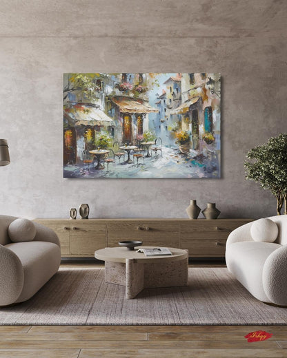 Mediterranean Street Café Painting, European Village Wall Art, Rustic Coastal Town Canvas for Kitchen, Dining Room, or Home Decor