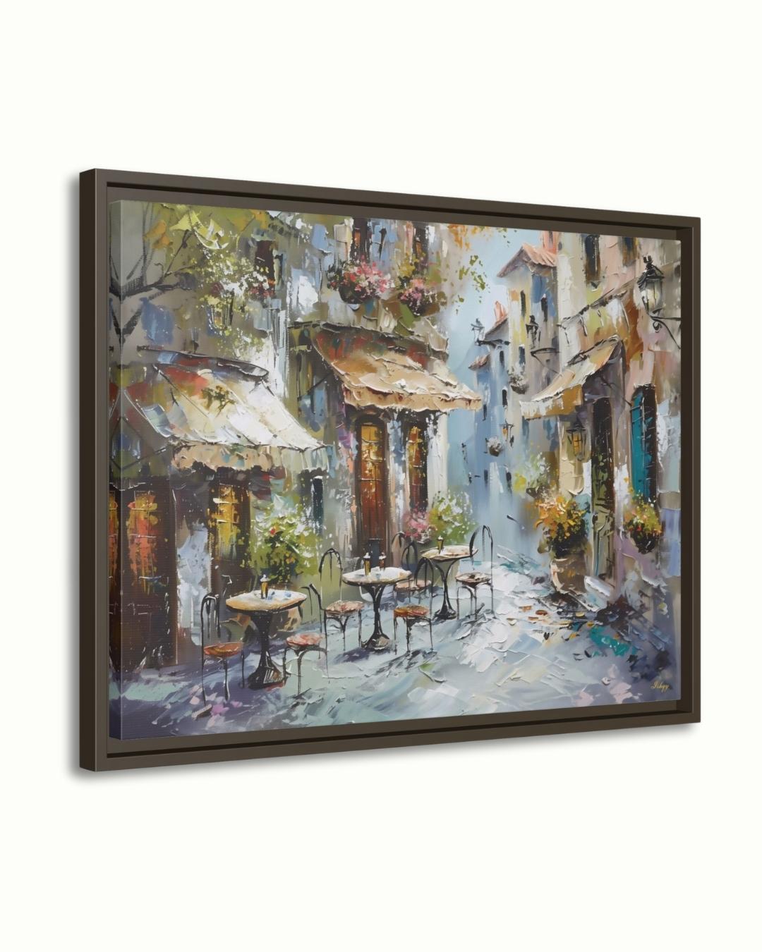 Mediterranean Street Café Painting, European Village Wall Art, Rustic Coastal Town Canvas for Kitchen, Dining Room, or Home Decor