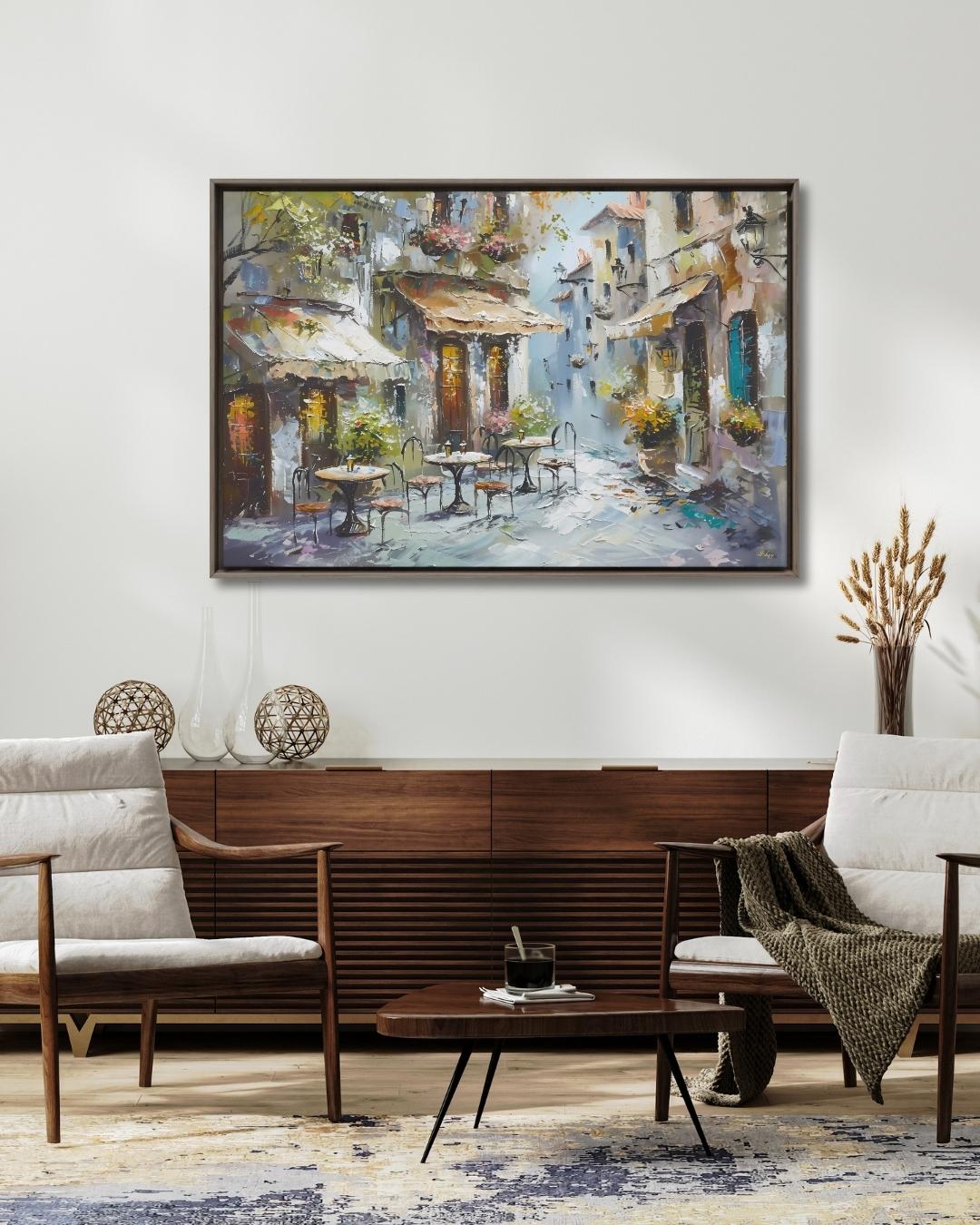 Mediterranean Street Café Painting, European Village Wall Art, Rustic Coastal Town Canvas for Kitchen, Dining Room, or Home Decor