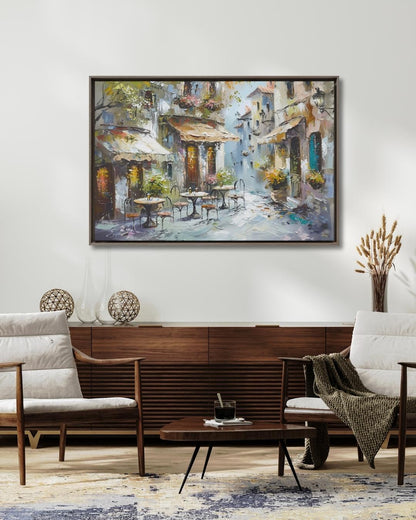 Mediterranean Street Café Painting, European Village Wall Art, Rustic Coastal Town Canvas for Kitchen, Dining Room, or Home Decor