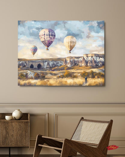 Cappadocia Hot Air Balloons Wall Art Print, Canvas, Framed Canvas, Turkey Landscape Painting for Living Room Bedroom Office Travel Decor