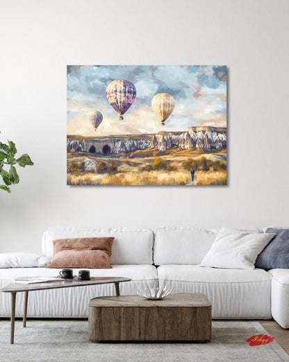 Cappadocia Hot Air Balloons Wall Art Print, Canvas, Framed Canvas, Turkey Landscape Painting for Living Room Bedroom Office Travel Decor