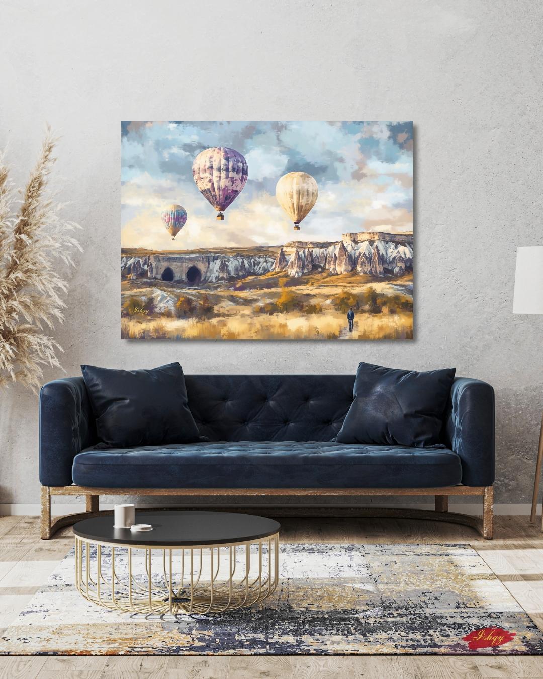 Cappadocia Hot Air Balloons Wall Art Print, Canvas, Framed Canvas, Turkey Landscape Painting for Living Room Bedroom Office Travel Decor