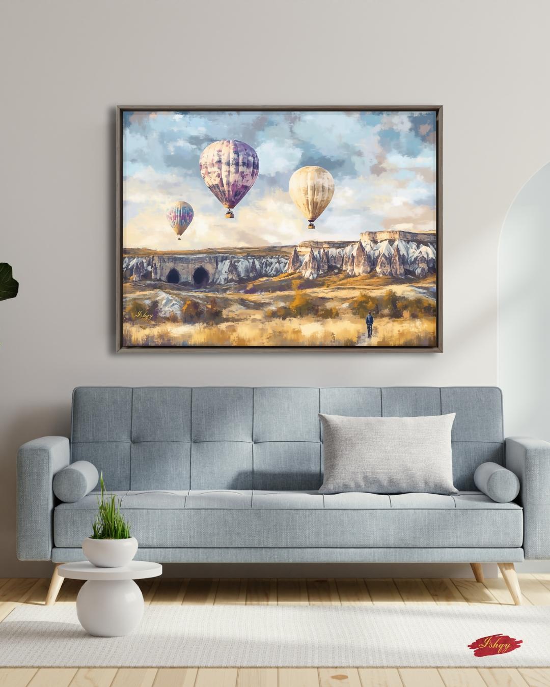Cappadocia Hot Air Balloons Wall Art Print, Canvas, Framed Canvas, Turkey Landscape Painting for Living Room Bedroom Office Travel Decor