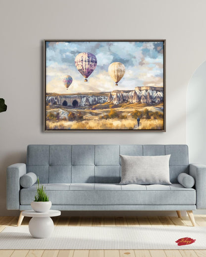 Cappadocia Hot Air Balloons Wall Art Print, Canvas, Framed Canvas, Turkey Landscape Painting for Living Room Bedroom Office Travel Decor