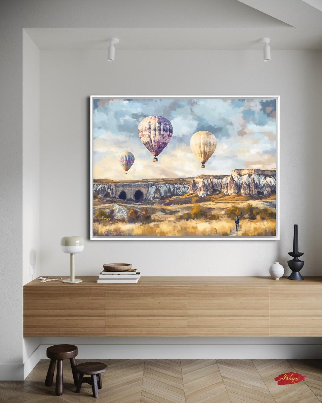 Cappadocia Hot Air Balloons Wall Art Print, Canvas, Framed Canvas, Turkey Landscape Painting for Living Room Bedroom Office Travel Decor