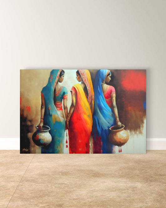 Rajasthani Women Wall Art, Indian Village Women in Colorful Sarees Canvas Painting, Ethnic Cultural Artwork for Boho Home and Office Decor
