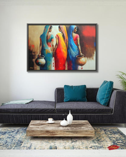 Rajasthani Women Wall Art, Indian Village Women in Colorful Sarees Canvas Painting, Ethnic Cultural Artwork for Boho Home and Office Decor