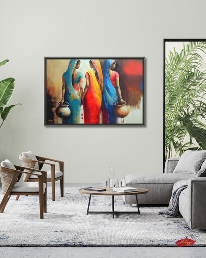 Rajasthani Women Wall Art, Indian Village Women in Colorful Sarees Canvas Painting, Ethnic Cultural Artwork for Boho Home and Office Decor