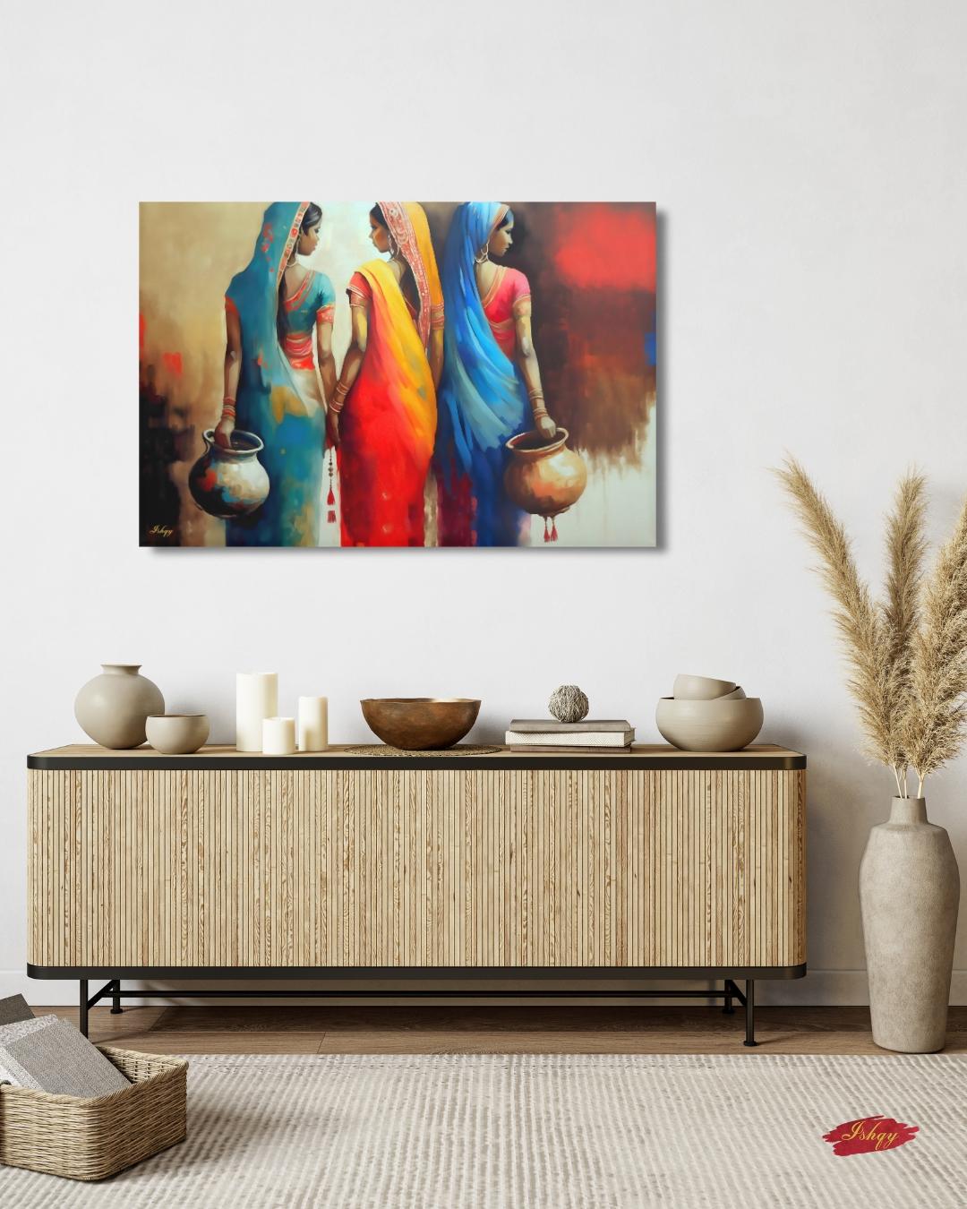 Rajasthani Women Wall Art, Indian Village Women in Colorful Sarees Canvas Painting, Ethnic Cultural Artwork for Boho Home and Office Decor