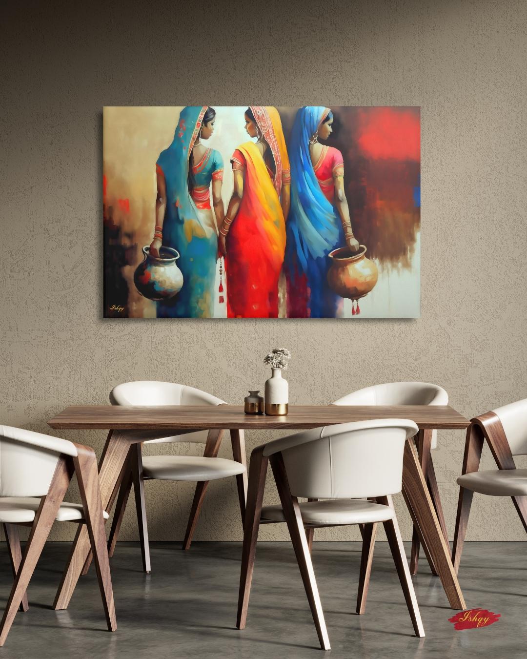 Rajasthani Women Wall Art, Indian Village Women in Colorful Sarees Canvas Painting, Ethnic Cultural Artwork for Boho Home and Office Decor