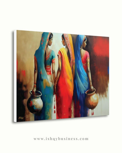 Rajasthani Women Wall Art, Indian Village Women in Colorful Sarees Canvas Painting, Ethnic Cultural Artwork for Boho Home and Office Decor