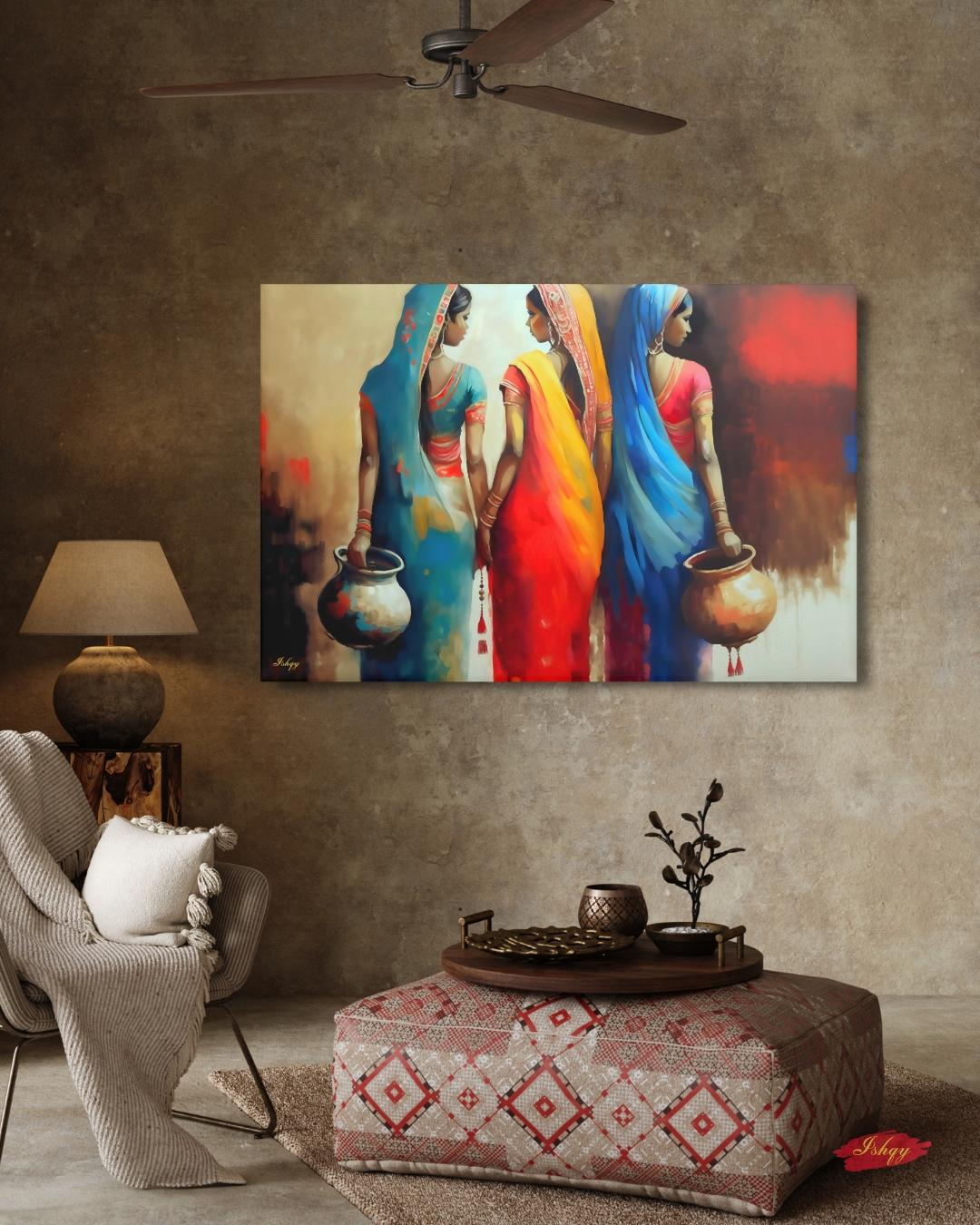 Rajasthani Women Wall Art, Indian Village Women in Colorful Sarees Canvas Painting, Ethnic Cultural Artwork for Boho Home and Office Decor