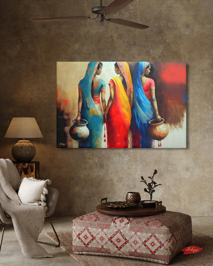 Rajasthani Women Wall Art, Indian Village Women in Colorful Sarees Canvas Painting, Ethnic Cultural Artwork for Boho Home and Office Decor