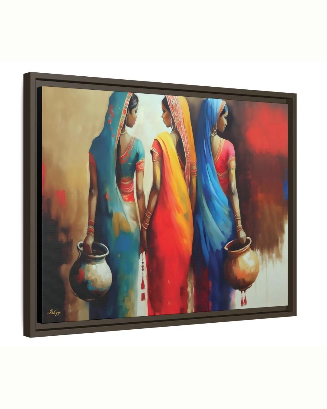 Rajasthani Women Wall Art, Indian Village Women in Colorful Sarees Canvas Painting, Ethnic Cultural Artwork for Boho Home and Office Decor